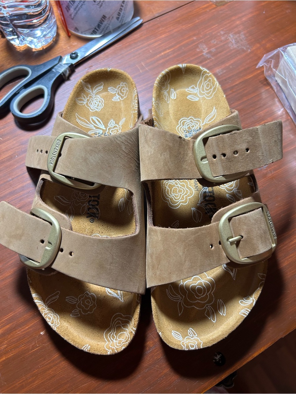 Birkenstock Women’s Brown Suede Double Buckle Floral Footbed Sandals